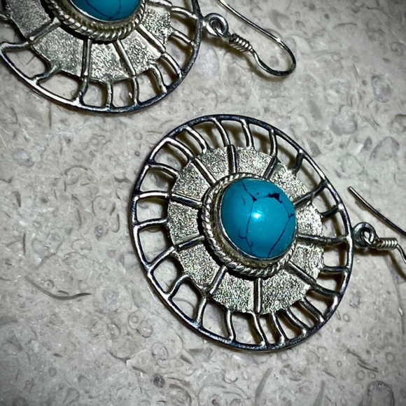 Vintage Turquoise Earrings Handmade in India Large Sun Dangle Earrings Sterling - Picture 6 of 9